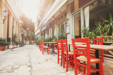 Fototapeta na wymiar Charming street in the old district of Plaka in Athens, Greece
