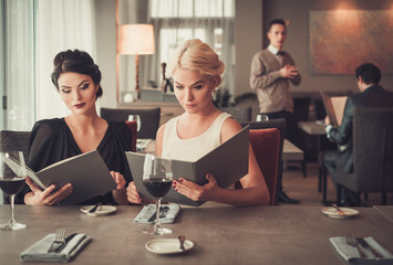 Two charming ladies with menu in restaurant