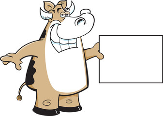 Cartoon illustration of a cow holding a sign.