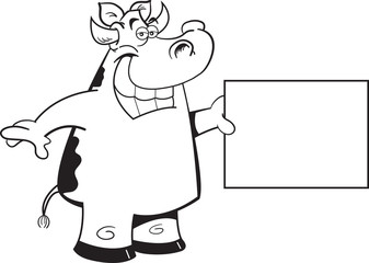 Black and white illustration of a cow holding a sign.