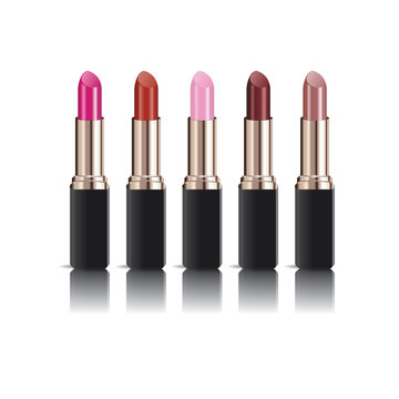 Set of realistic lipsticks with reflection isolated on white background, mock up, vector illustrator