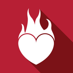 Heart on fire vector flat icon with long shadow. Love symbol. Valentine's Day sign, emblem isolated on red background, Flat style for graphic and web design, logo. EPS10