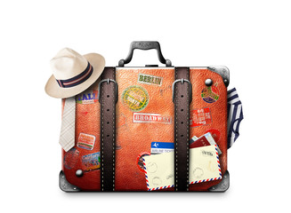Retro suitcase of a traveler with travel stickers - 135196099