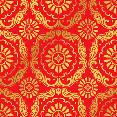 Seamless Golden Chinese Background Botanic Spiral Curve Cross Flower