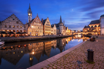 Naklejka premium Ghent (Belgium) at twilight.