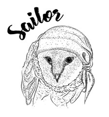 Portrait of owl in sailor bandanf and with tobacco pipe. Vector illustration.