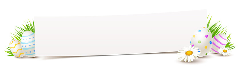 Banner und bunt bemalte Ostereier, Margeriten Blumen und Gras