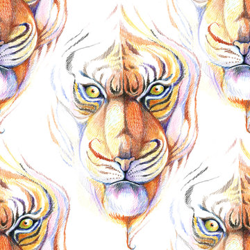 tiger head, pencil drawing, seamless pattern