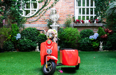 Vintage small red scooter with sidecar in the garden