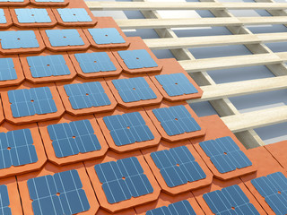 Laying solar shingles or tiles. © iaremenko