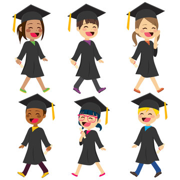 Diverse cute children students with gown and diploma walking happy