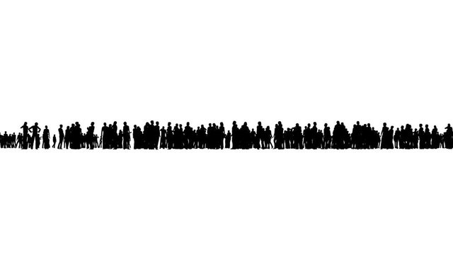4k The crowd of stand people, all in silhouette, on a white background