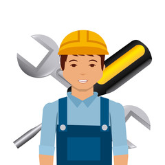 construction worker cartoon with screwdriver and wrench  over white background. under construction concept. colorful design. vector illustration