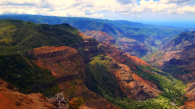 An overlook of Waimea canyon during a partly cloudy day shows the colorful, textured patterns of the rocky terrain..