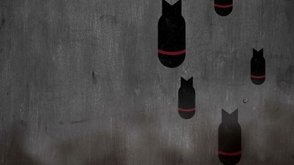 Dropping bombs over smoky background with space for your logo or text seamless loop, Animation of war torpedo background, Stop War Concept.