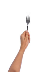 Woman hand holding a silver fork  isolated on white