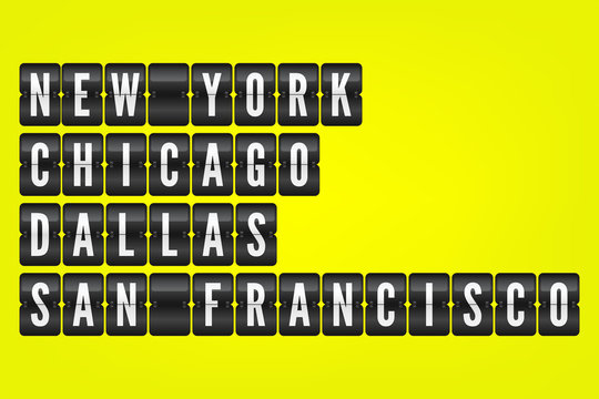 New York Chicago Dallas San Francisco american cities flip symbols. Vector scoreboard illustration. Black and white airport signs on yellow background