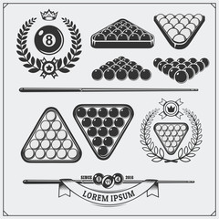 Set of billiards labels, emblems, badges, icons and design elements.