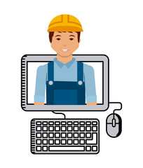 computer with construction worker cartoon over white background. under construction concept. colorful design. vector illustration