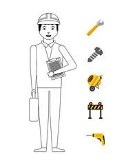 construction worker with tools around over white background.under construction concept. colorful design. vector illustration