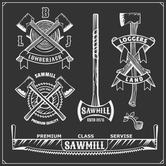 Vector set of vintage Lumberjack logos, labels, emblems and design elements. Axes and saws.