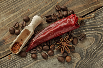 red pepper, coffee beans, and star anise