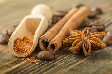 coffee beans, spices and cinnamon star anise