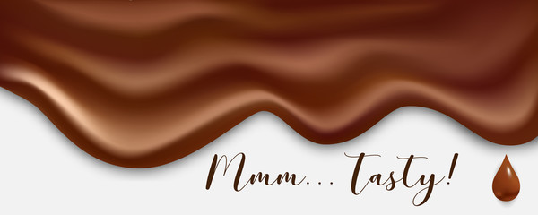 Chocolate liquid background, vector illustration. Wide melted realistic texture.