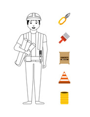 construction worker with tools around over white background.under construction concept. colorful design. vector illustration