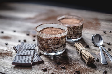 Delicious tiramisu dessert and ingredients