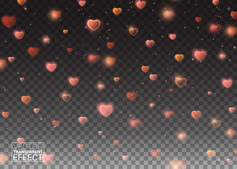 Valentines Day background of Red Hearts Falling. Symbol Love. Shape Heart Confetti. Decor Element for Greeting Cards. Transparent Vector Effect