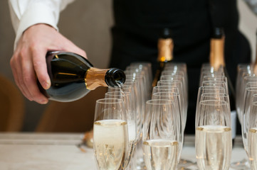 Champagne glasses on the table during the party. 