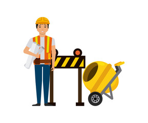 construction worker with barrier over white background. under construction concept. colorful design. vector illustration