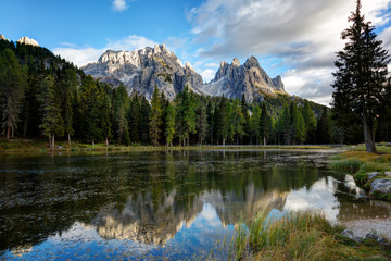 Italy, Lago Antorno, Dolomites, Lake mountain landcape with Alps peak reflection