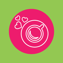 cup of coffee tea hot with hearts steam line icon white on pink circle on green
