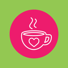cup of coffee tea hot with hearts steam line icon white on pink circle on green