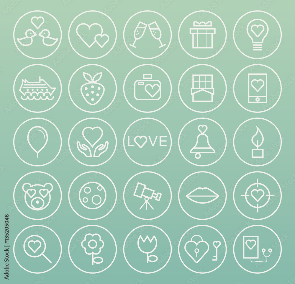 Aufkleber set of quality universal standard minimal simple valentine's day white thin line icons on circular b