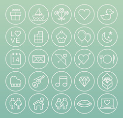 Set of Quality Universal Standard Minimal Simple Valentine's Day White Thin Line Icons on Circular Buttons on White Background
