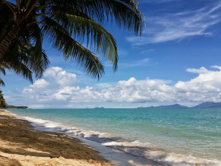 The sandy shores of the azure sea. Waves and palm trees. Koh Samui, Thailand
