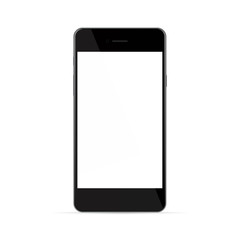 Realistic black phone with white screen, isolated on white backg