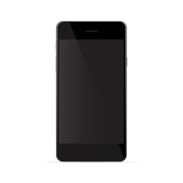 Realistic black phone with black screen, isolated on white backg
