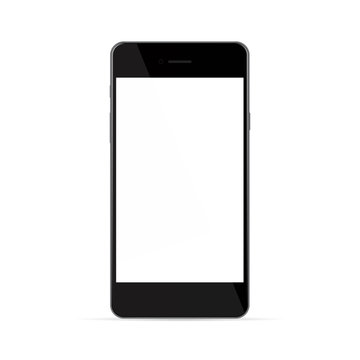 Realistic black phone with white screen, isolated on white backg