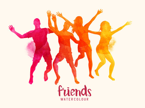 Watercolour vector illustration of young bright coloured friends jumping together.