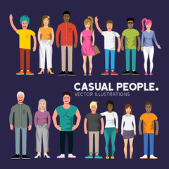 A collection of happy diverse casual people characters. Vector illustration