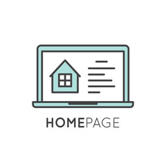 Vector icon style illustration logo thin line laptop and mobile phone app showing landing home page with house and window