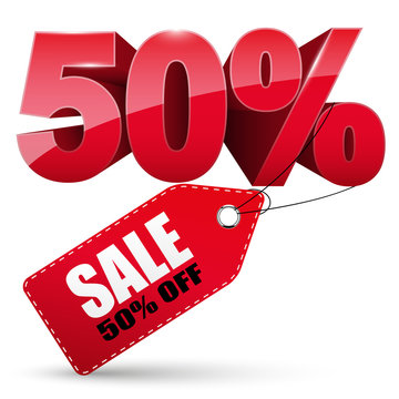 3d Sale tag, 50 percent off, vector illustration