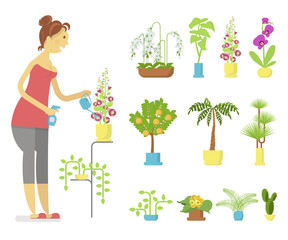 Window gardening infographic elements. Woman floriculturist takes care of indoor flowers. Vector set of flat illustration of horticultural sundry, house plants and flowers in pots. EPS 10