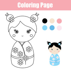 Coloring page with cute japanese kokeshi doll. Children educational game, drawing activity