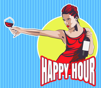 Young woman with wine glass and wine bottle. Text Happy Hour. Vector image.