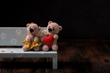 Valentines Day. Love heart. Paris. Couple Teddy Bears. Handmade toys. An offer of marriage. Vintage retro romantic style. Family, wedding and friendship. Chalkboard with chalk.